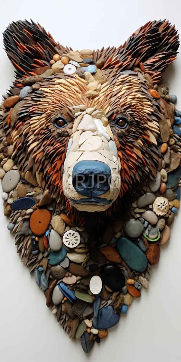 High Resolution: Intricately crafted three-dimensional bear head made from various colorful and textured stones pebbles buttons shells and small pieces of wood or bone fragments download. | HRJPG.com