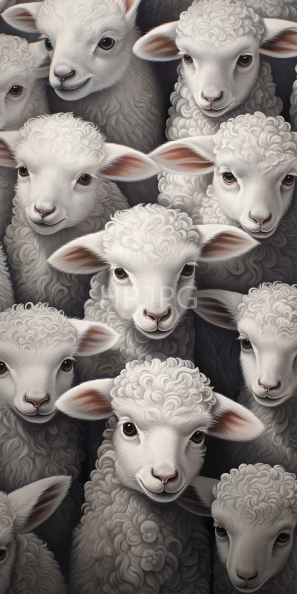 High Resolution: Twelve realistic white sheep with curly wool and expressive faces closely packed together in an overlapping pattern with pink inner ears download. | HRJPG.com