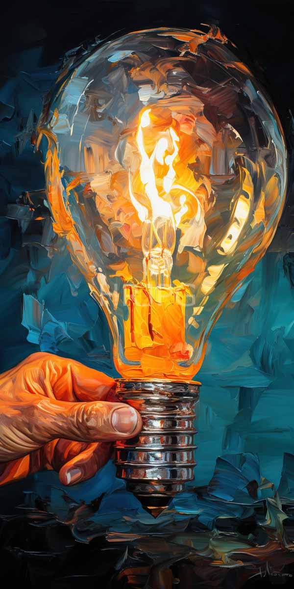 High Resolution: Vibrant digital painting depicts an illuminated light bulb held by a hand with orange skin against a dark blue abstract background with warm yellow-orange hues reflecting download. | HRJPG.com