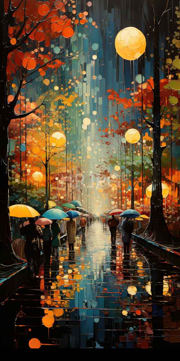 High Resolution: Autumn rain scene in vibrant colors featuring people with umbrellas walking on wet pavement reflecting lights from hanging lanterns and colorful leaves download. | HRJPG.com