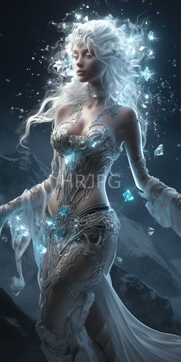 High Resolution: Ethereal white-haired woman with glowing blue ice crystals surrounding her head and body in intricate patterns on silver armor-like clothing download. | HRJPG.com