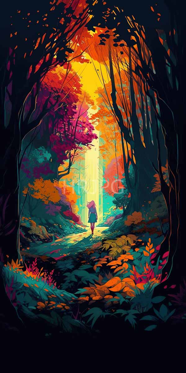 High Resolution: Enchanting forest scene with vibrant autumn colors tall trees framing a bright yellow-lit path leading to a glowing light at the center background download. | HRJPG.com