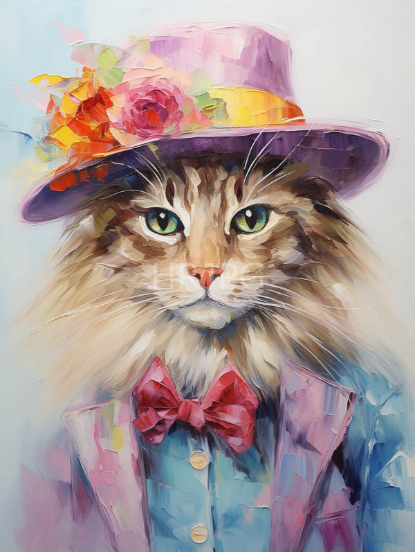 High Resolution: Elegant long-haired cat with green eyes and brown tabby fur wears a colorful purple top hat adorned with flowers and a red bowtie download. | HRJPG.com