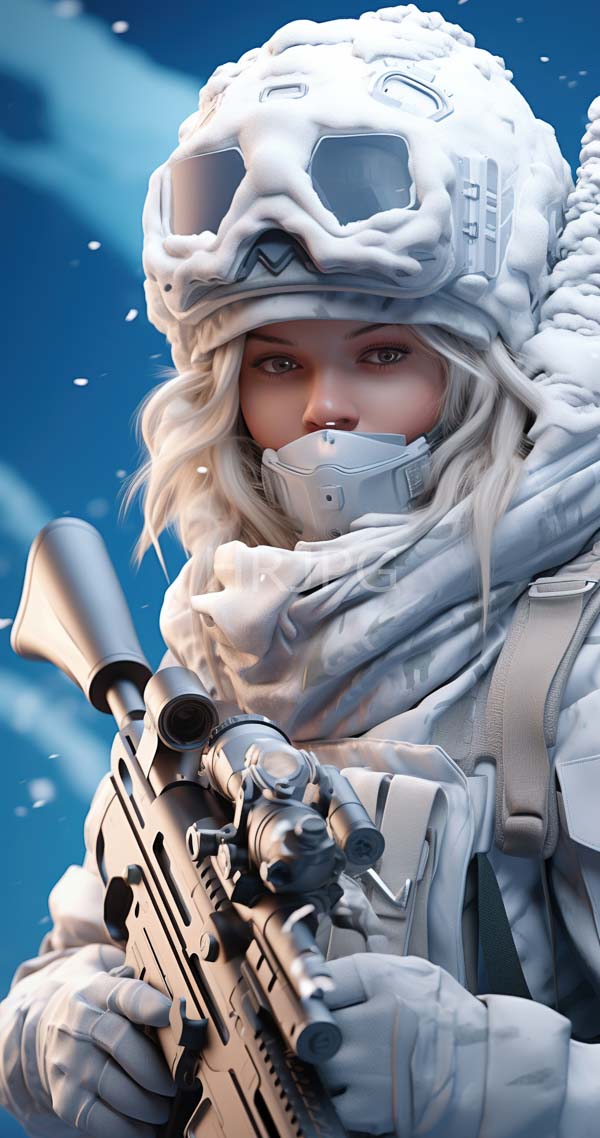 High Resolution: Attractive fair-skinned woman with wavy blonde hair in winter gear holding a sniper rifle against a snowy blue sky background wearing goggles download. | HRJPG.com