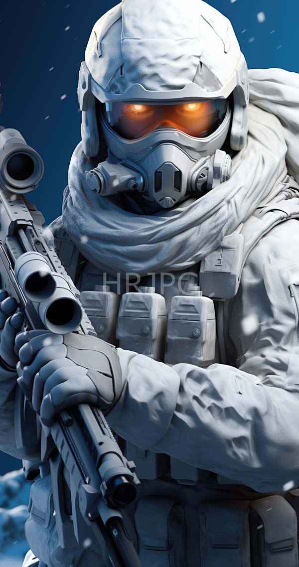 High Resolution: Armored soldier in white winter gear including a helmet with an orange visor and gas mask holding a futuristic rifle against a snowy blue background download. | HRJPG.com
