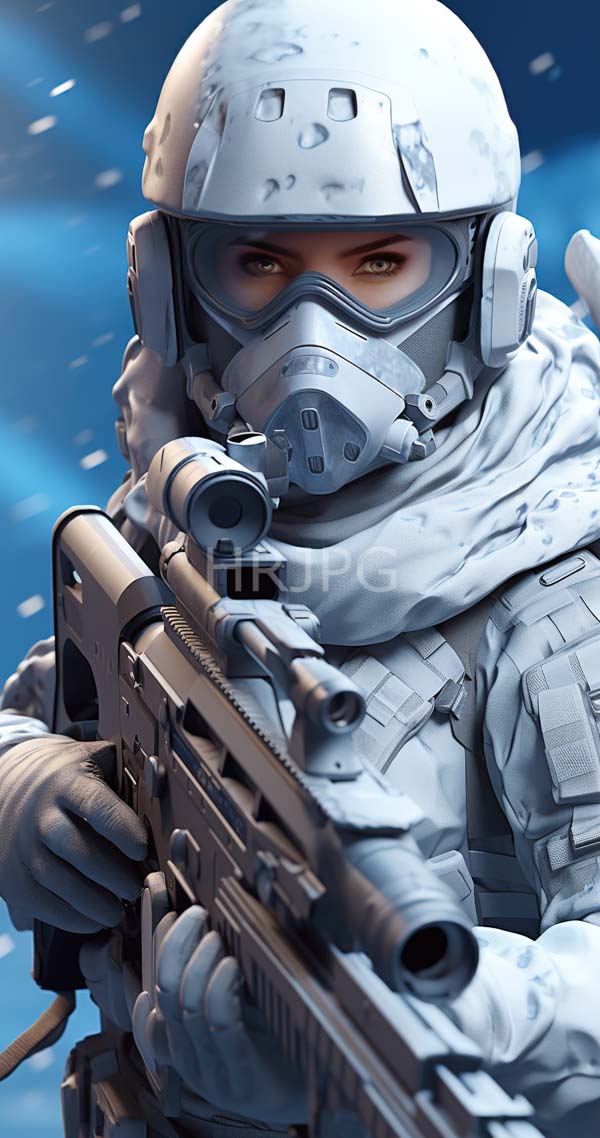 High Resolution: Intense armored soldier in white tactical gear with a helmet and gas mask against a blue snowy background holds an advanced rifle aimed forward download. | HRJPG.com