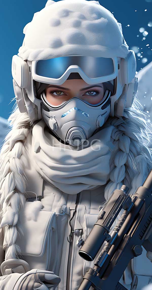 High Resolution: Intense blue-eyed female soldier in white winter gear with braided hair and a snow-covered helmet wears ski goggles over her eyes and a gas mask holding a sniper rifle download. | HRJPG.com