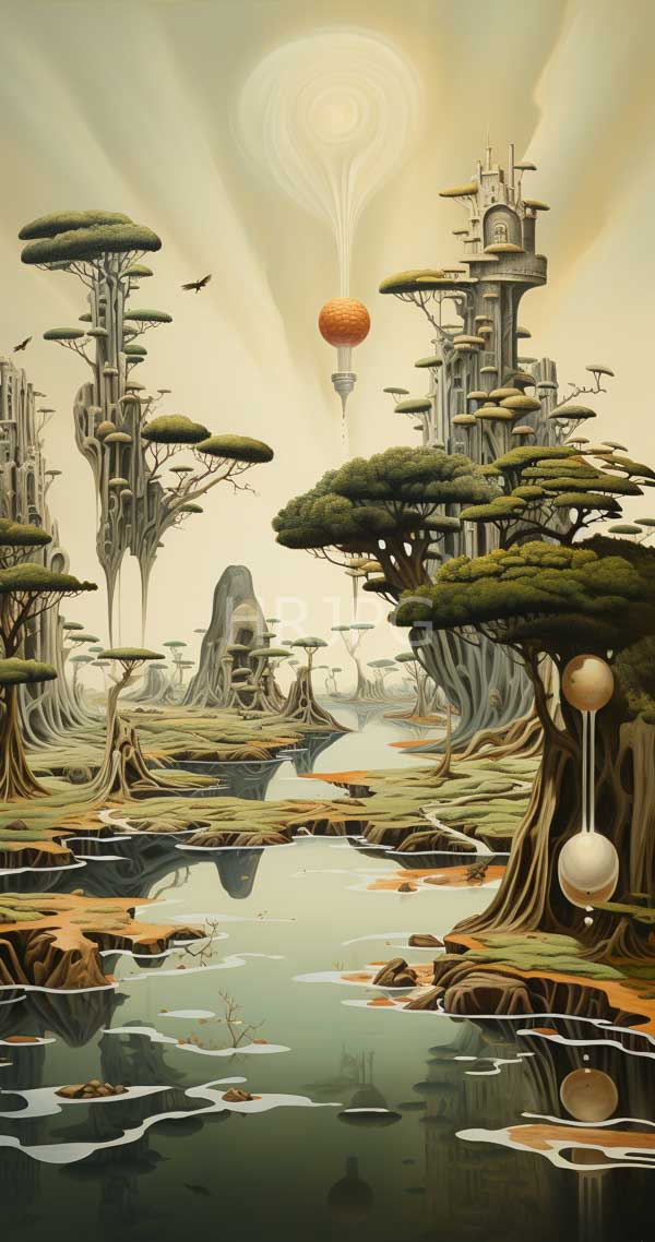 High Resolution: Ethereal futuristic landscape with surreal trees featuring organic structures and spherical ornaments hanging from branches with a floating red orb emitting light download. | HRJPG.com