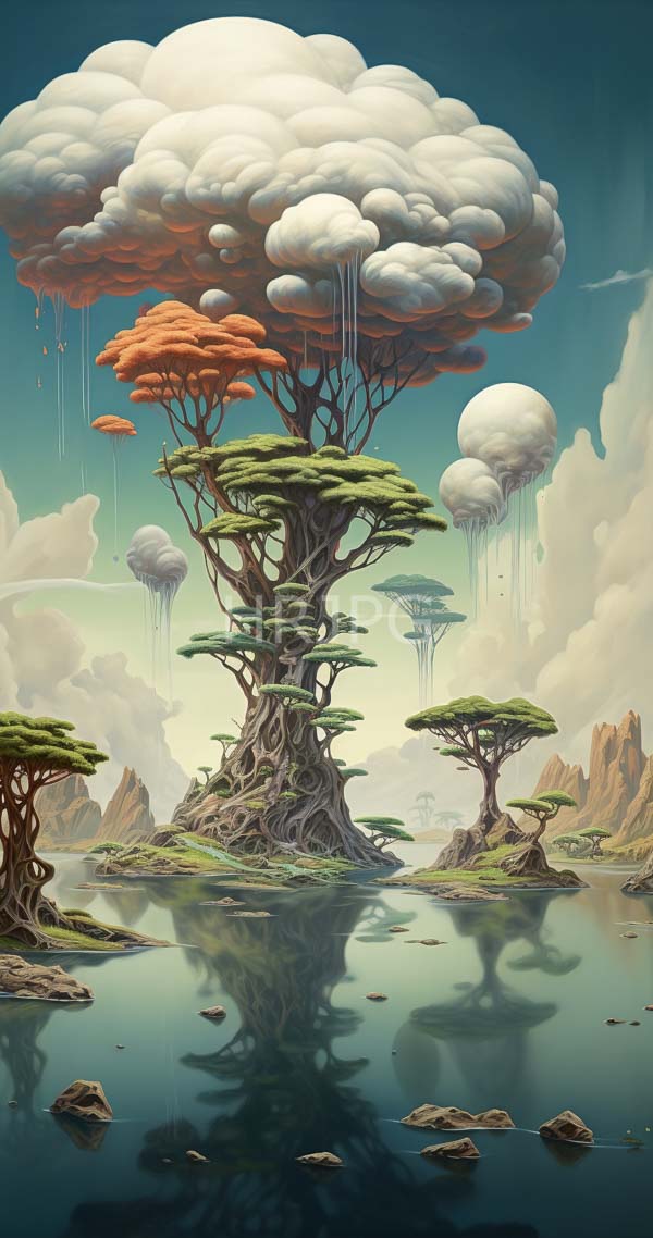 High Resolution: Otherworldly landscape with surreal towering trees resembling African acacia covered in dense roots and green canopies with large clouds dripping water onto them download. | HRJPG.com