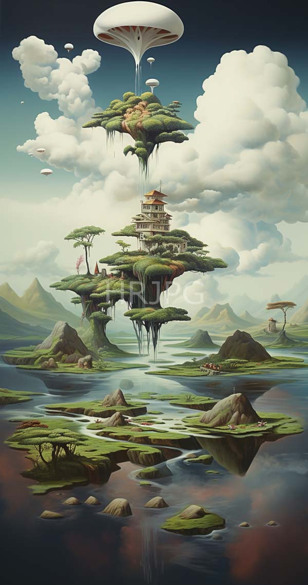 High Resolution: Fantasy artwork depicts floating islands with lush greenery and small traditional Asian-style buildings connected by aerial roots above waterways reflecting mountains download. | HRJPG.com