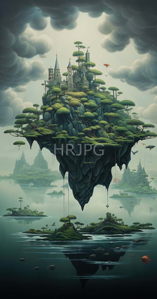 High Resolution: Fantasy artwork depicts an enchanting floating island with lush greenery towering trees resembling bonsai and a whimsical castle surrounded by smaller islands download. | HRJPG.com
