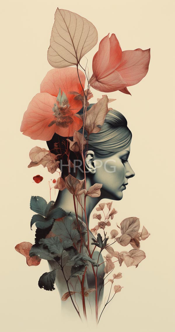 High Resolution: Ethereal side-profile woman with closed eyes and smooth skin blending into vibrant red-orange flowers and green leaves on a beige background download. | HRJPG.com