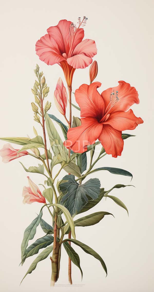 High Resolution: Intricate botanical illustration of red hibiscus flowers featuring two large open blooms with delicate pink and orange hues at their centers download. | HRJPG.com