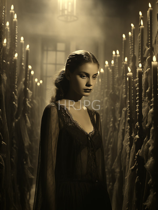 High Resolution: Ethereal dark-haired woman with smooth skin and delicate features stands in dim light among tall candlesticks lit by soft flames wearing sheer black lace lingerie download. | HRJPG.com
