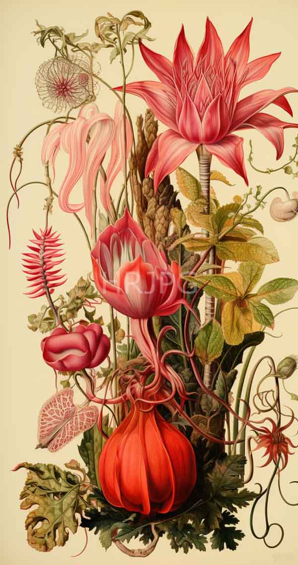 High Resolution: Intricately detailed botanical illustration features various exotic flowers and plants a vibrant red pumpkin-like flower surrounded by pink lotus blossoms download. | HRJPG.com