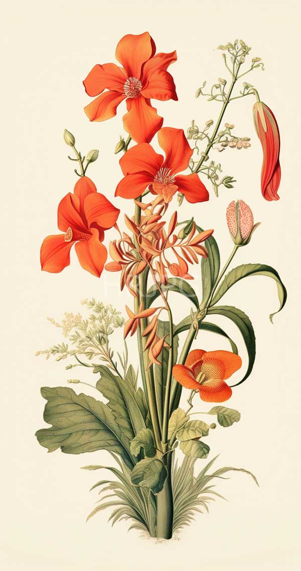 High Resolution: Intricately detailed botanical illustration of vibrant red and orange flowers including large blossoms with prominent stamens and small pinkish-orange buds download. | HRJPG.com