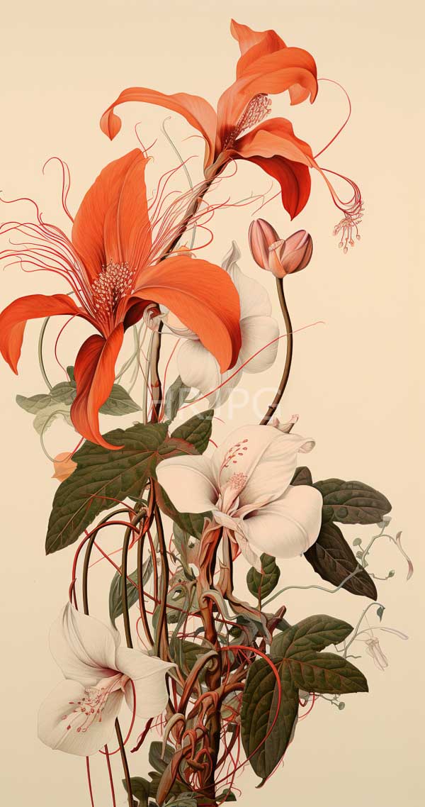 High Resolution: Intricate realistic botanical drawing features vibrant red and white flowers with detailed petals stamens and leaves on a beige background download. | HRJPG.com