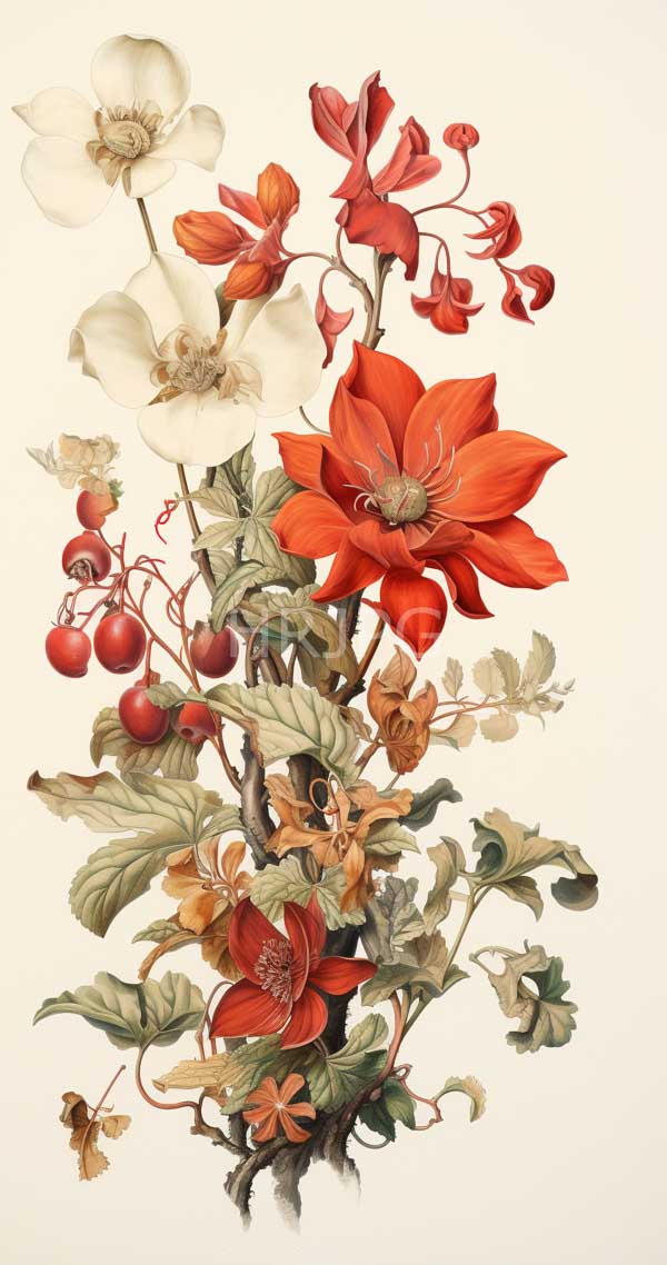 High Resolution: Intricate realistic botanical drawing in watercolor and ink depicts various flowers including white trumpet-shaped blooms and a vibrant red-orange poppy-like flower download. | HRJPG.com