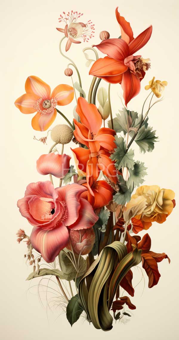 High Resolution: Intricate realistic botanical illustration features various vibrant flowers and foliage large red lilies orange poppies and pink roses on a cream-colored background download. | HRJPG.com