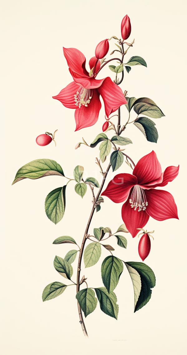 High Resolution: Intricate botanical illustration depicts vibrant red flowers with prominent yellow stamens and green leaves on slender brown stems against a cream background download. | HRJPG.com