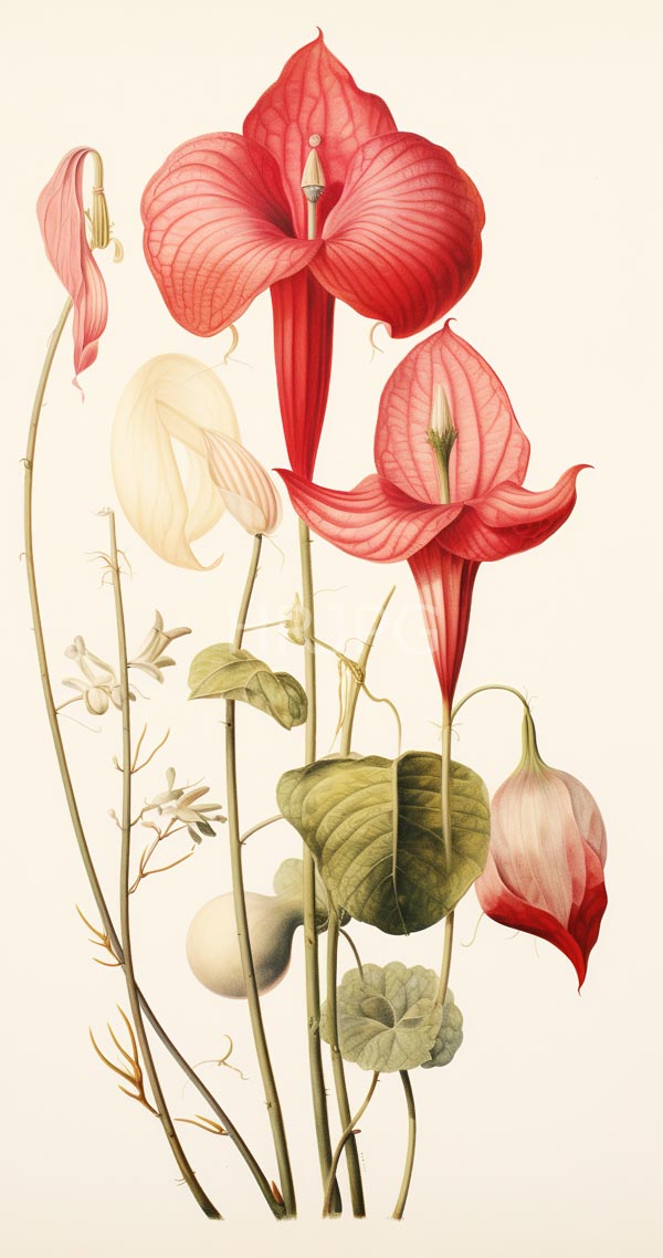 High Resolution: Intricate botanical illustration in watercolor style depicts various red and pink fritillaria flowers with delicate petals and prominent central stamens download. | HRJPG.com