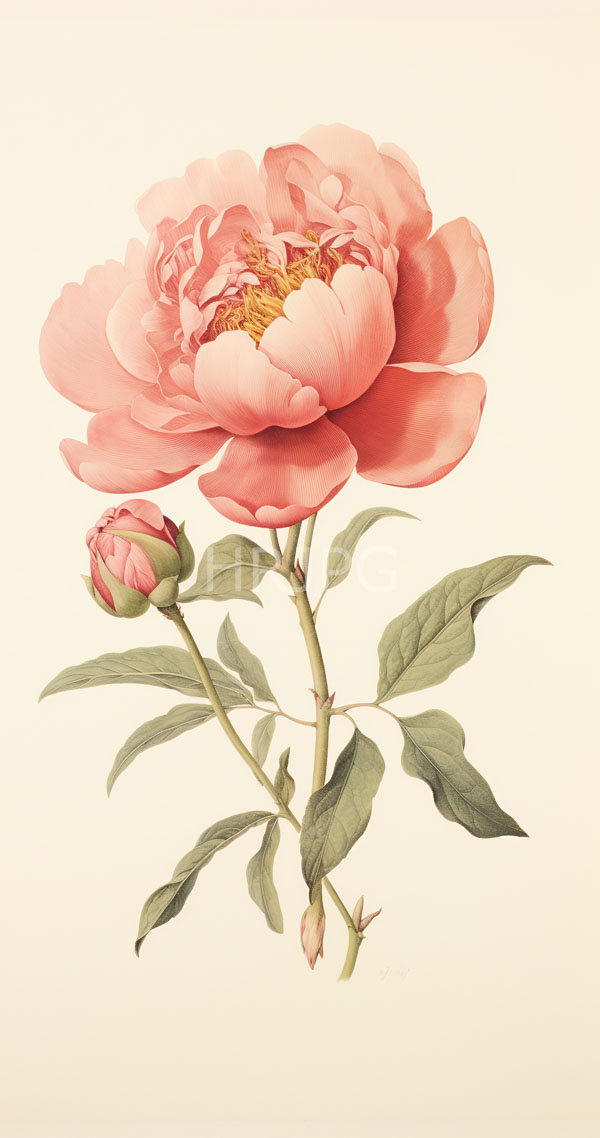High Resolution: Elegant detailed botanical watercolor painting of two pink peonies with lush green leaves on a cream-colored background with delicate petals and golden stamens download. | HRJPG.com
