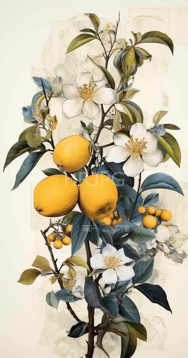 High Resolution: Intricate realistic botanical illustration depicts lemon blossoms with ripe yellow lemons among white flowers featuring delicate petals and prominent stamens download. | HRJPG.com