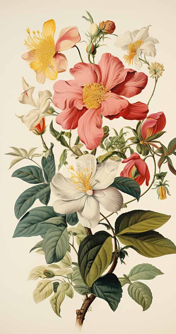 High Resolution: Intricate detailed botanical illustration depicts various flowers and leaves on one stem large pink peonies with yellow stamens and white blossoms resembling lilies download. | HRJPG.com