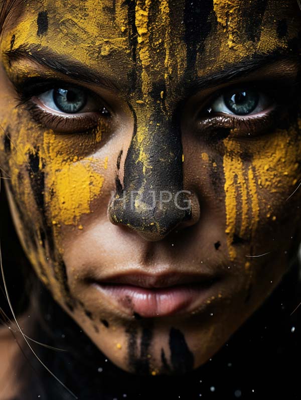 High Resolution: Intense close-up on a young woman's face with striking blue eyes painted in bold yellow and black tribal patterns covering her forehead to chin download. | HRJPG.com