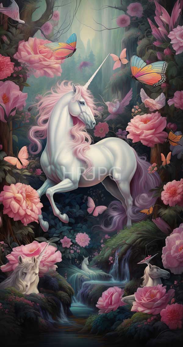 High Resolution: Ethereal white unicorn with flowing pink mane stands amidst vibrant blooming cherry blossoms and lush greenery in an enchanted forest setting surrounded by colorful butterflies download. | HRJPG.com