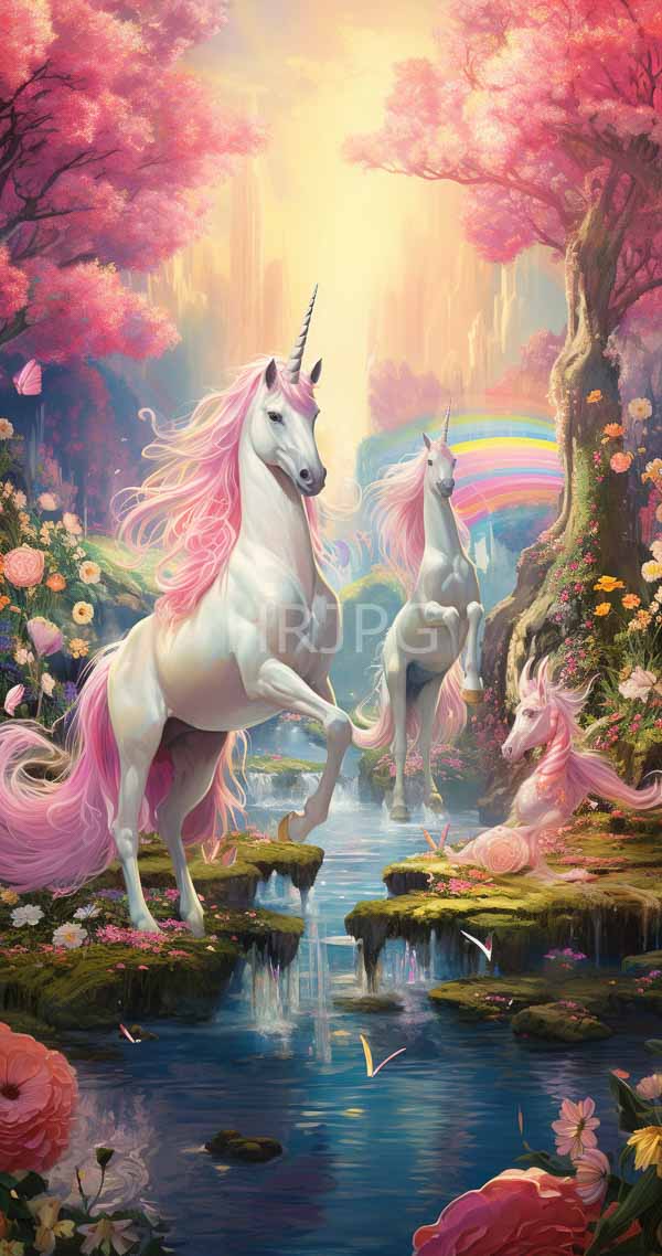 High Resolution: Three white unicorns with pink manes and tails stand in an enchanted forest by a reflective stream filled with water lilies amidst vibrant cherry blossoms download. | HRJPG.com