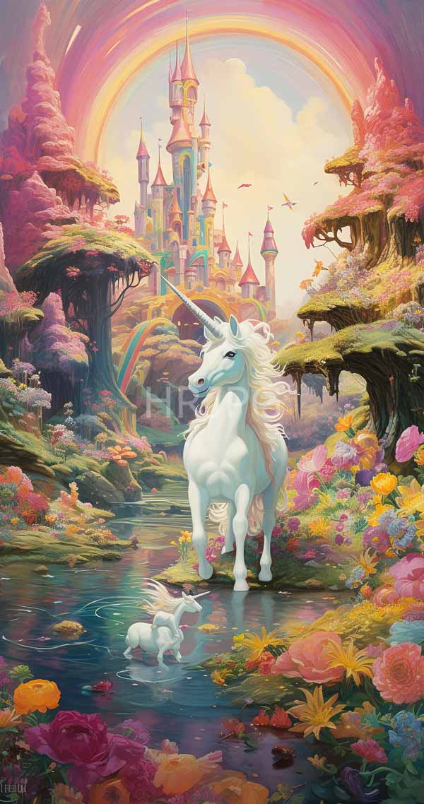 High Resolution: Enchanting scene with two white unicorns one adult and one foal standing in a colorful flower-filled stream leading to a whimsical castle under a vibrant rainbow sky download. | HRJPG.com