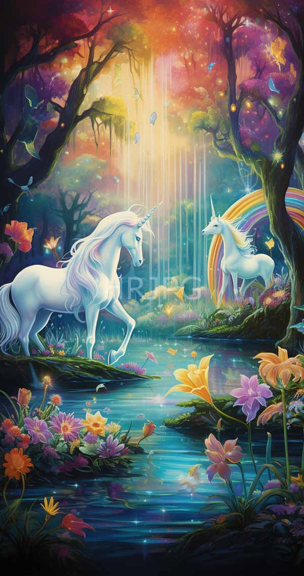 High Resolution: Two white unicorns with flowing manes in an enchanted forest one near water lilies and the other standing by a rainbow arching over a stream under a colorful sunset sky download. | HRJPG.com