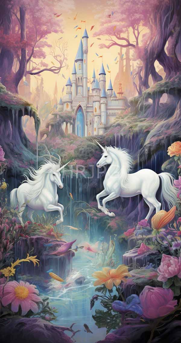 High Resolution: Two white unicorns with flowing manes stand in an enchanted forest by a crystal-clear stream filled with colorful flowers and fish with a majestic castle rising behind them download. | HRJPG.com