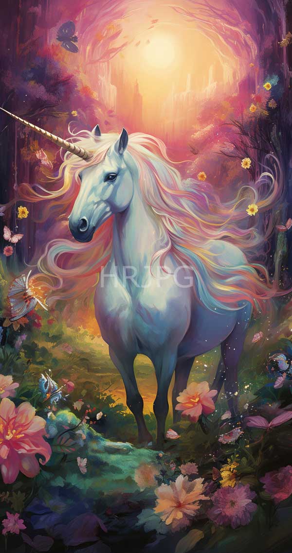 High Resolution: Ethereal white unicorn with a flowing pastel-colored mane stands in a vibrant flower-filled meadow under radiant sunset light surrounded by butterflies and magical glowing particles download. | HRJPG.com