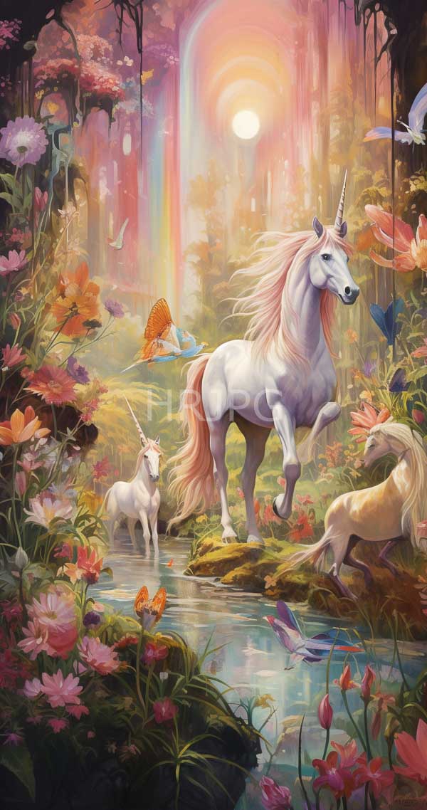High Resolution: Three unicorns in an enchanted forest with vibrant colorful flowers and lush greenery one white unicorn stands gracefully by water on mossy rocks download. | HRJPG.com