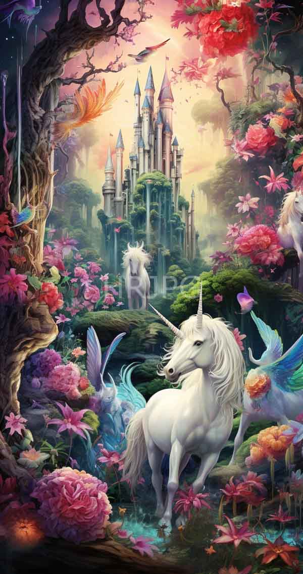 High Resolution: Enchanting colorful forest scene with vibrant flowers and lush greenery surrounds two white unicorns one gracefully walking amidst blooming roses towards majestic castle towers download. | HRJPG.com