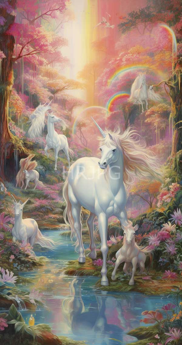 High Resolution: Enchanting forest scene with vibrant pink and orange foliage illuminated by sunlight filtering through trees creating rainbows a central white unicorn stands beside a reflective stream download. | HRJPG.com