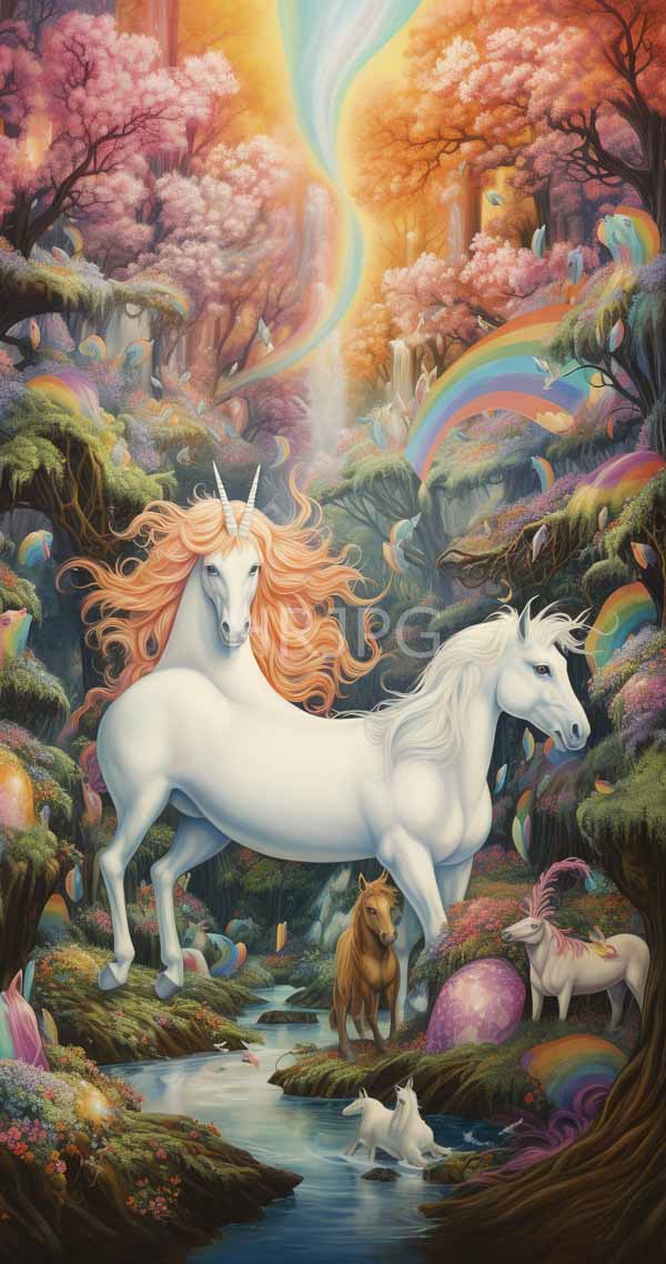 High Resolution: Two majestic white unicorns with flowing pink and orange manes stand in an enchanted forest by a stream surrounded by vibrant foliage and colorful mushrooms download. | HRJPG.com