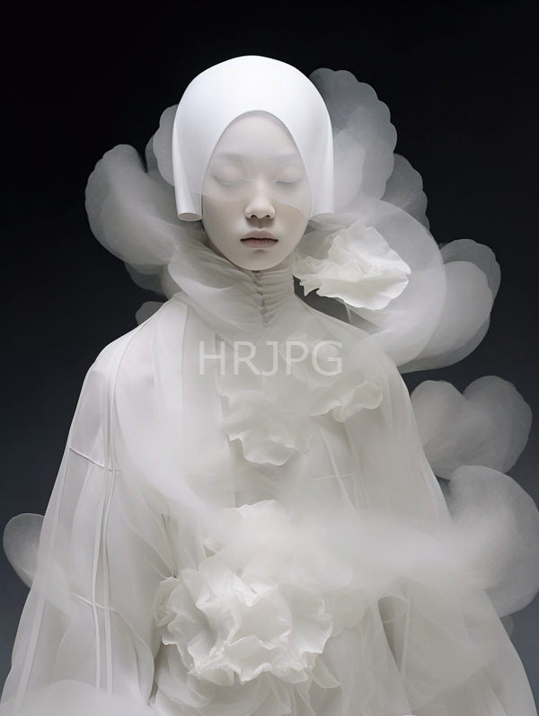 High Resolution: Ethereal pale-skinned woman with closed eyes and a serene expression wearing translucent white fabric resembling delicate clouds or flowers around her head and shoulders download. | HRJPG.com