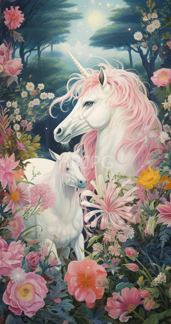 High Resolution: Two white unicorns with pink manes surrounded by vibrant flowers including roses and lilies in an enchanted forest backdrop under moonlight download. | HRJPG.com