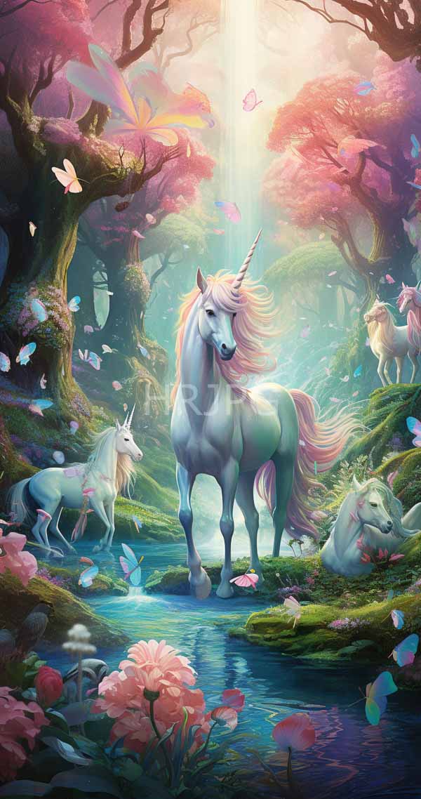 High Resolution: Enchanting forest scene with three unicorns one standing majestically in front of glowing sunlight beams and two others resting by waterfalls surrounded by pink flowers download. | HRJPG.com