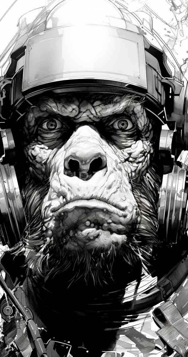High Resolution: Black-and-white drawing of an anthropomorphic wrinkled ape with intense eyes wearing futuristic headgear and headphones with intricate mechanical details around its face download. | HRJPG.com
