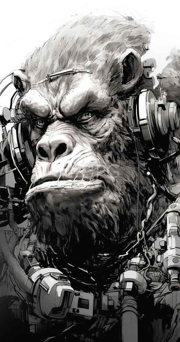High Resolution: Black-and-white drawing of an anthropomorphic gorilla with intense furrowed brows wearing futuristic mechanical headgear adorned in wires and metal components download. | HRJPG.com