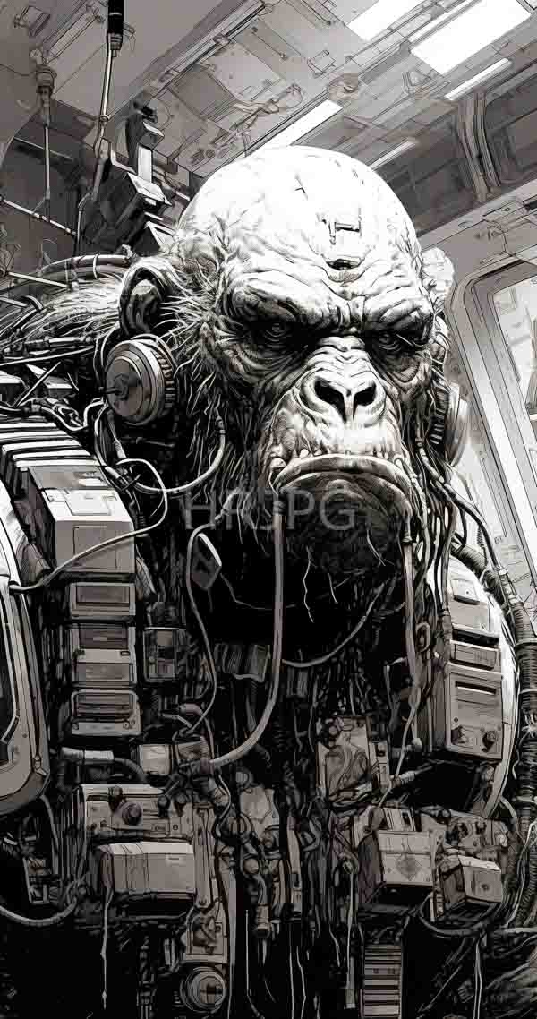 High Resolution: Detailed black-and-white drawing depicts an anthropomorphic gorilla with intense eyes and long hair integrated into complex mechanical armor filled with wires and circuits download. | HRJPG.com