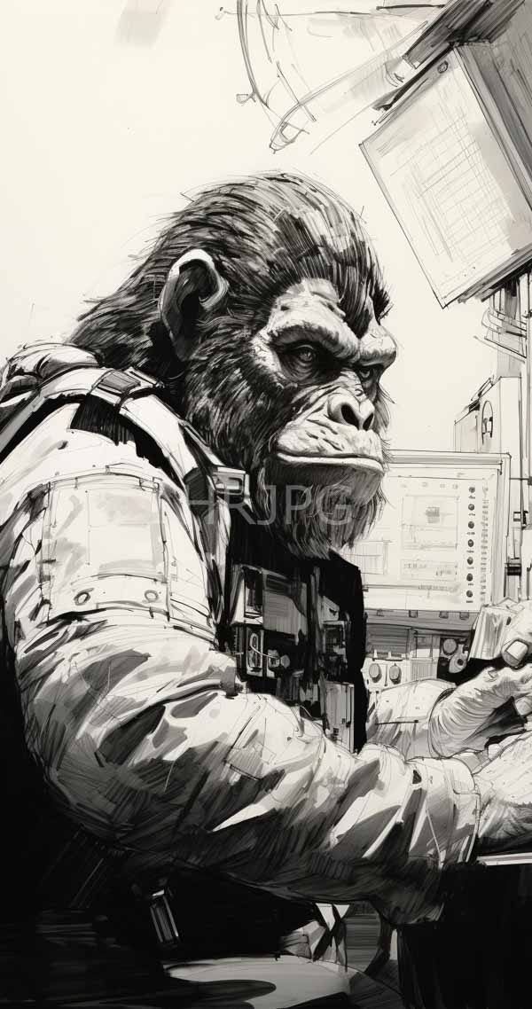 High Resolution: Black-and-white drawing of an anthropomorphic gorilla in futuristic space attire working at computer terminals with detailed control panels and screens download. | HRJPG.com