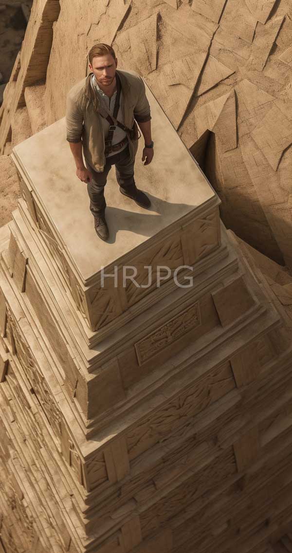 High Resolution: Chris Evans stands on an intricately carved beige stone pyramid in a desert setting wearing rugged brown leather boots and a gray shirt tied at his neck download. | HRJPG.com