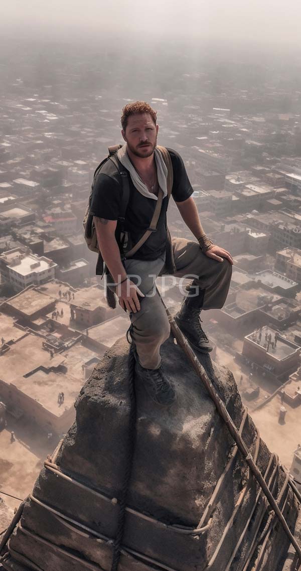 High Resolution: Muscular bearded man with short red hair and a beard stands on a rooftop edge wearing a black shirt gray pants and a brown backpack overlooking a foggy cityscape download. | HRJPG.com