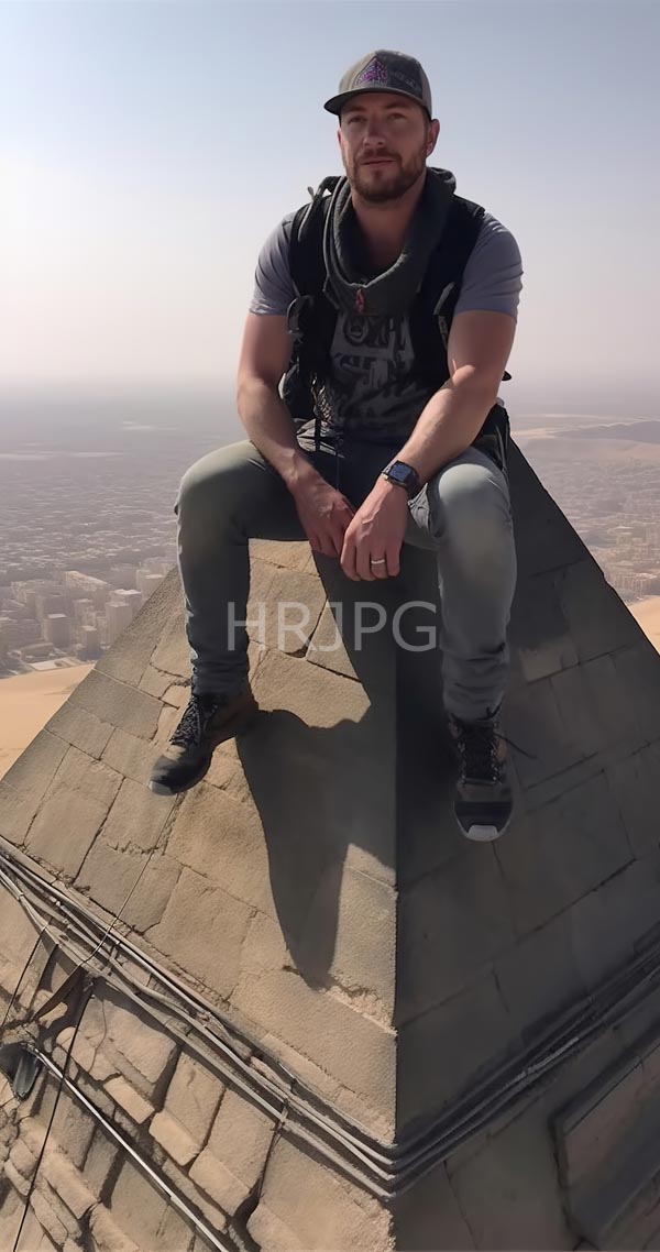 High Resolution: Muscular bearded man with short brown hair sits on a rooftop peak under a clear sky wearing a gray t-shirt black vest blue jeans and a cap backward download. | HRJPG.com