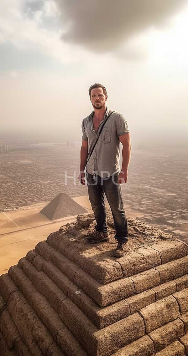 High Resolution: Muscular bearded man with short brown hair stands on ancient stone pyramid steps against a misty ocean backdrop wearing a gray button-up shirt and dark jeans download. | HRJPG.com